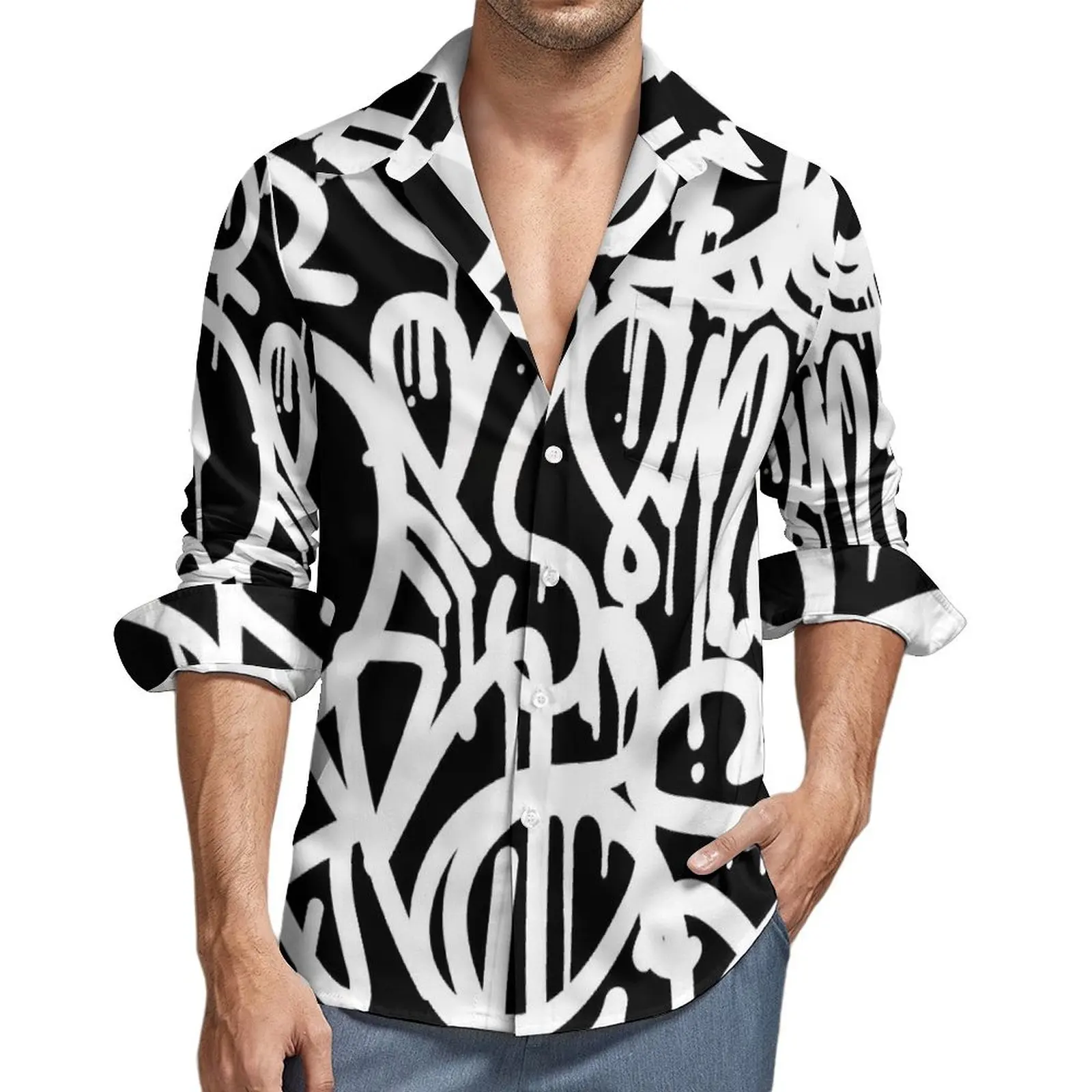 

Abstract Graffiti Casual Shirt Man Black and White Comfortable Shirt Spring Trendy Blouse Long Sleeve Custom DIY Oversized Top