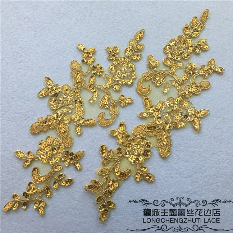 4Pcs/2pairs 26X9cm Gold Sequins Venise Lace Trim Wedding Sewing Applique Crafts Lace Fabric For Wedding Dress Decoration