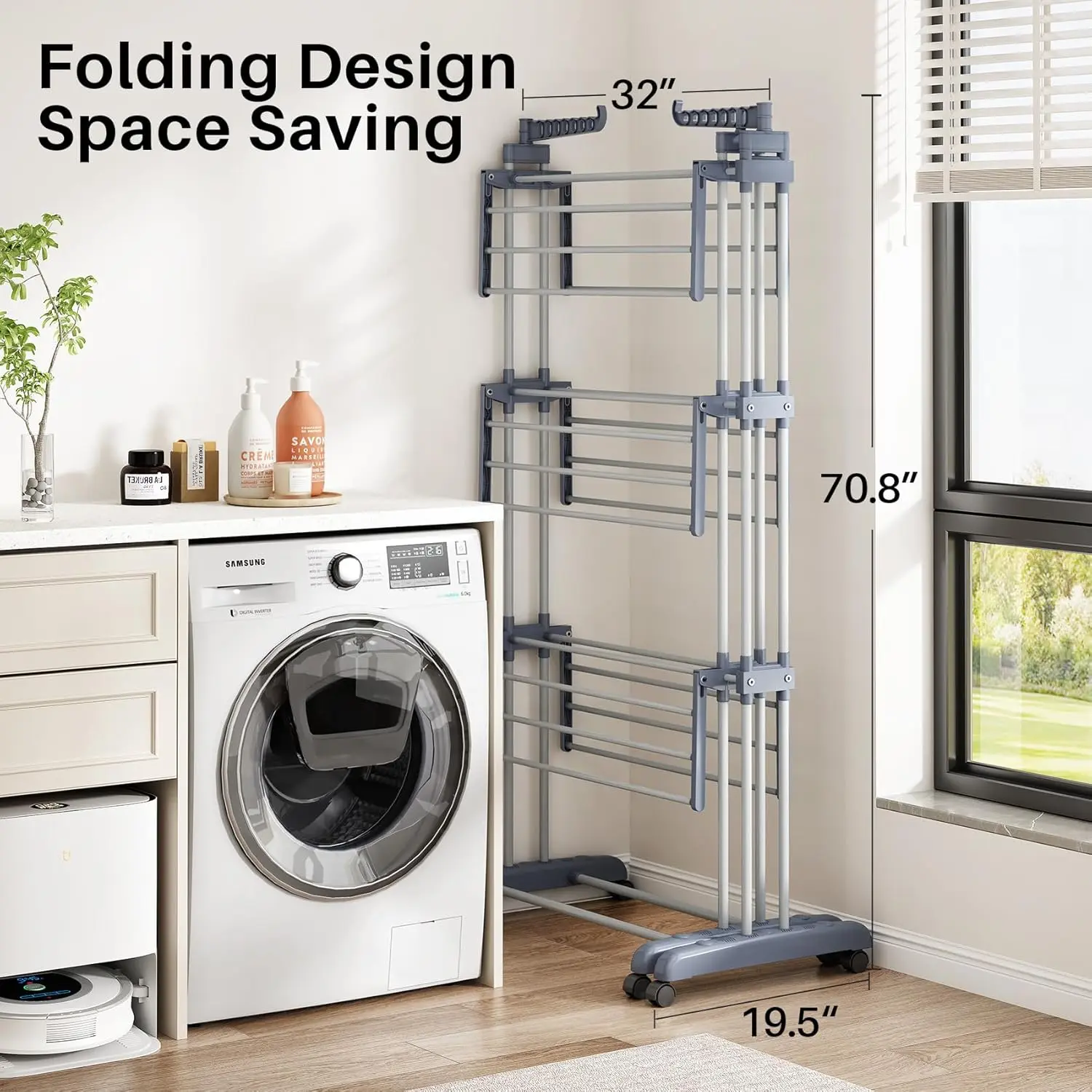 Foldable Drying Rack Clothing 30.0"W to 59.0"W Extensible Laundry Racks for Drying Clothes Oversized 4-Tier Stainless Steel