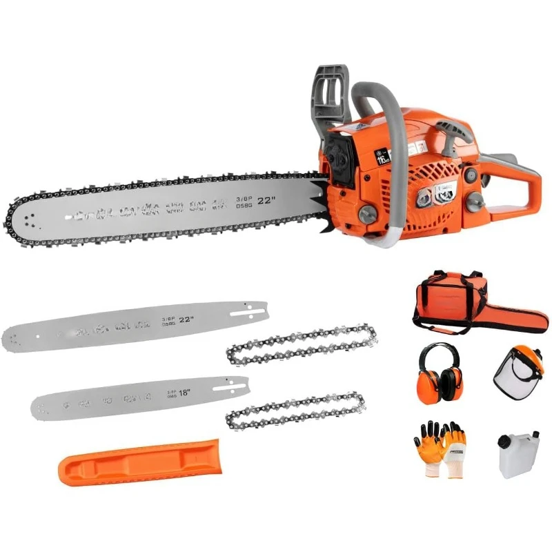 62CC 2-Cycle Gas Powered Chainsaw, 22 Inch 18 Inch Handheld Cordless Petrol Chain Saw for Tree Wood Cutting