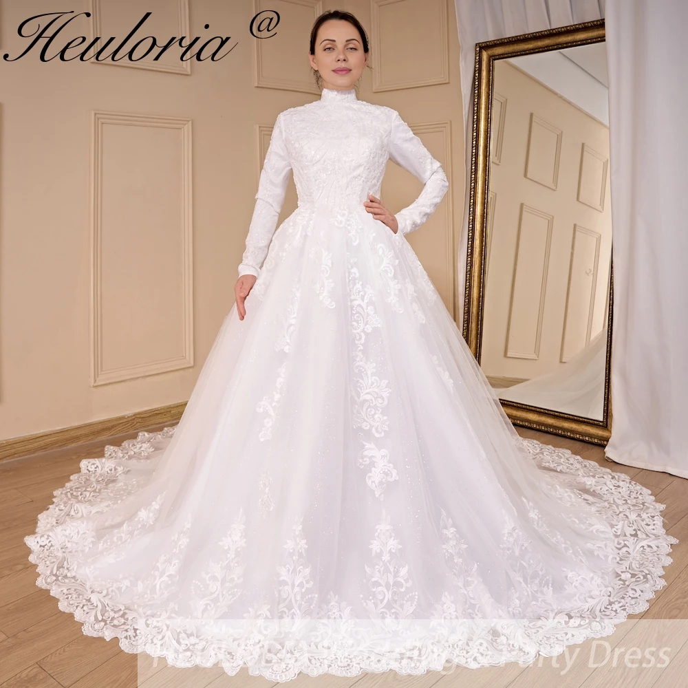 HEULORIA Luxury Princess Wedding Dress long sleeve bridal dress Plus size Lace Bride Robe De Mariee Muslim Wedding dress