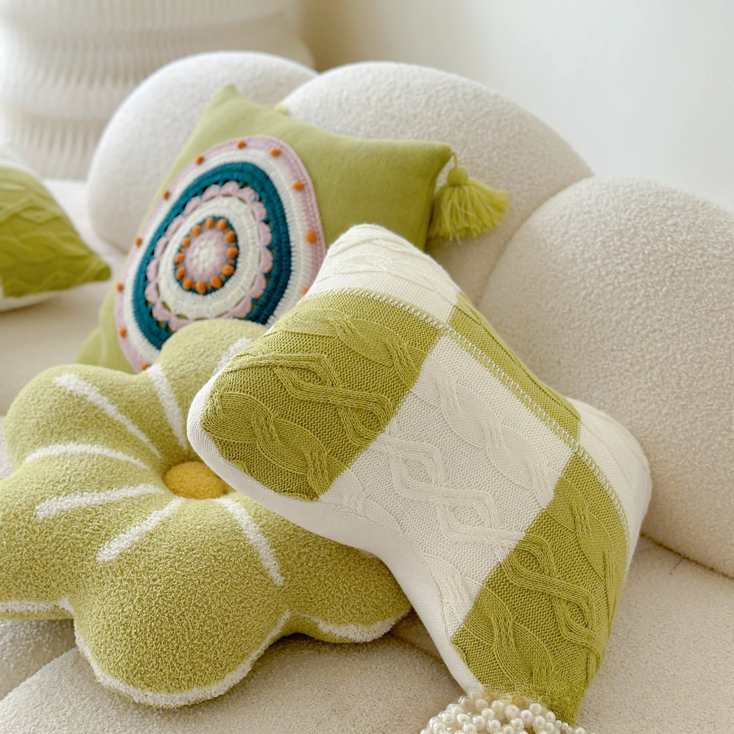 Light Green Knitted Pillow,Elegant Sofa Cushion,Irregular Butterfly Waist Pillow,Six Petal Flower Half Flannel Decorative Pillow