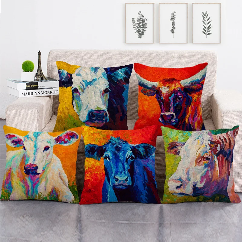 

Funny Cow Pillow Case Oil Painting Cow Cotton Linen Pillowcase for Bed Sofa Living Room Outdoor Pillow Covers Decorative 45x45