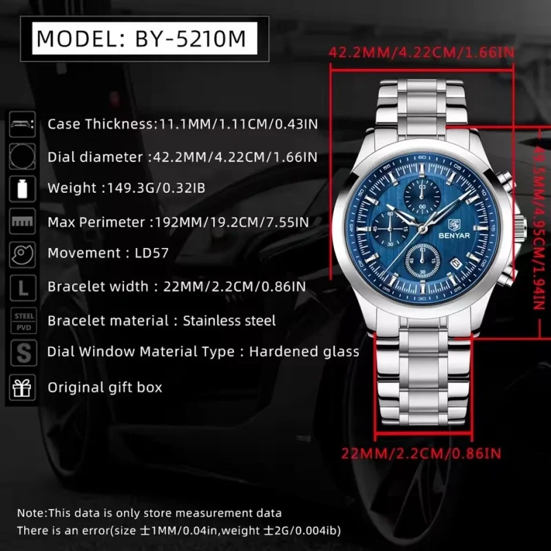 BENYAR 5210 nuevo reloj para hombre, reloj de cuarzo de marca de lujo para hombre, reloj deportivo, reloj de regalo para hombre, cronógrafo, luz nocturna resistente al agua hasta 50M