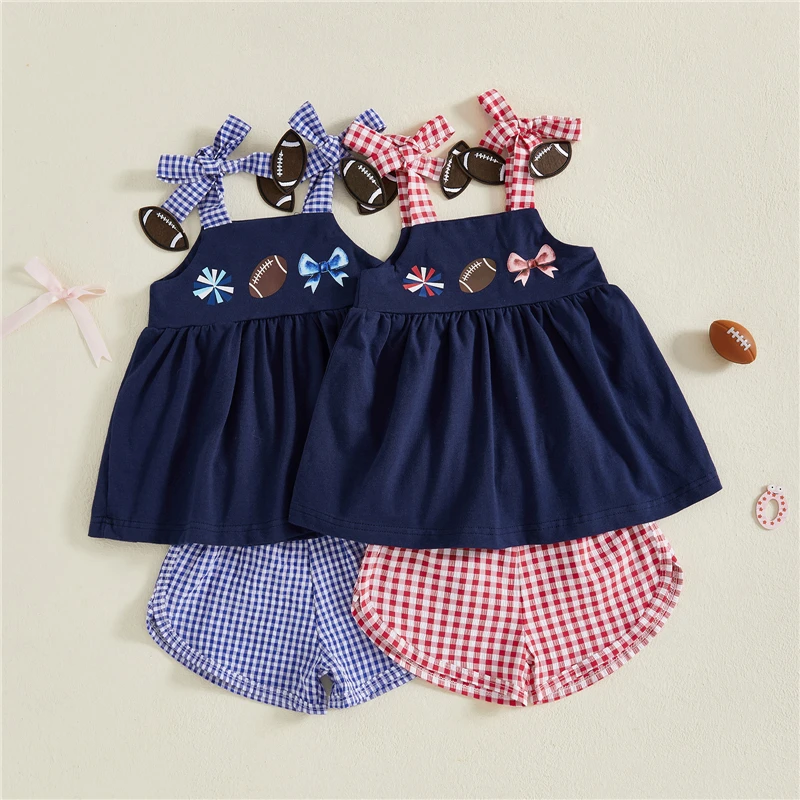 Conjunto de 2 uds de trajes de verano para niñas pequeñas, camisola con estampado de Rugby y pantalones cortos elásticos con estampado de cuadros, ropa para bebés