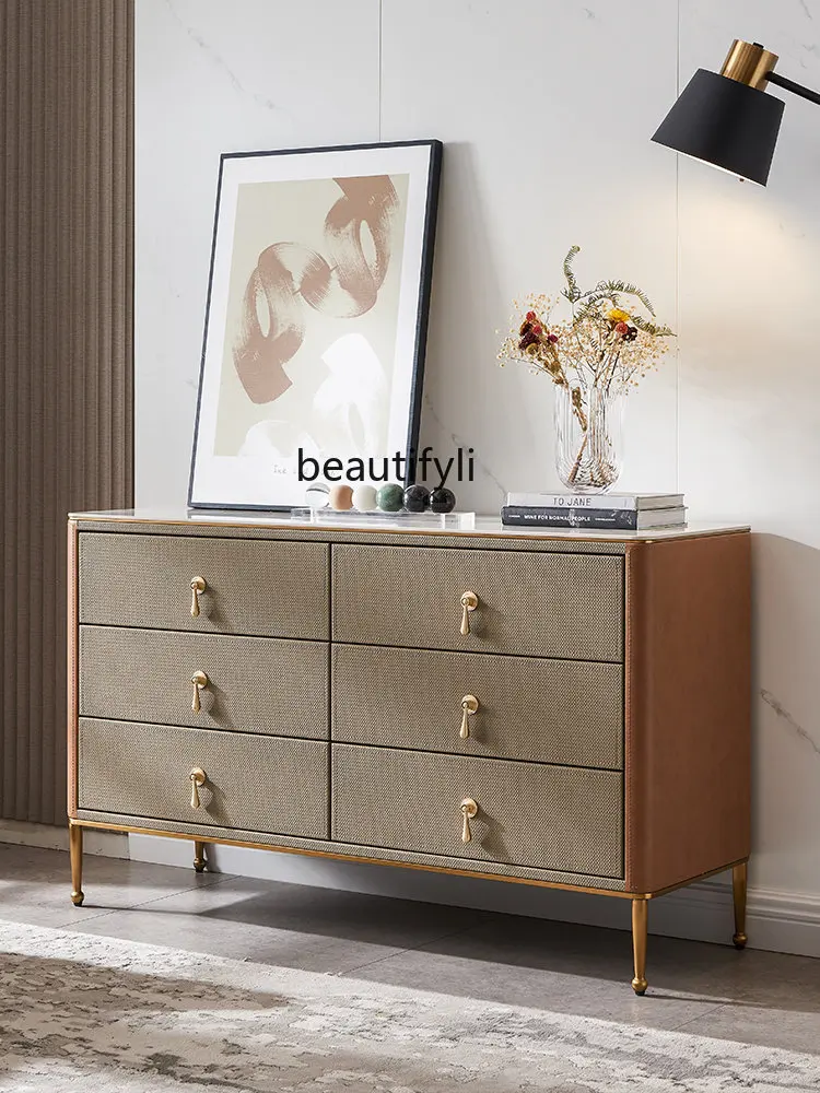 

zqMinimalist Saddle Leather Chest of Six Drawers Modern Light Luxury Stone Plate Sideboard Cabinet Storage Cabinet