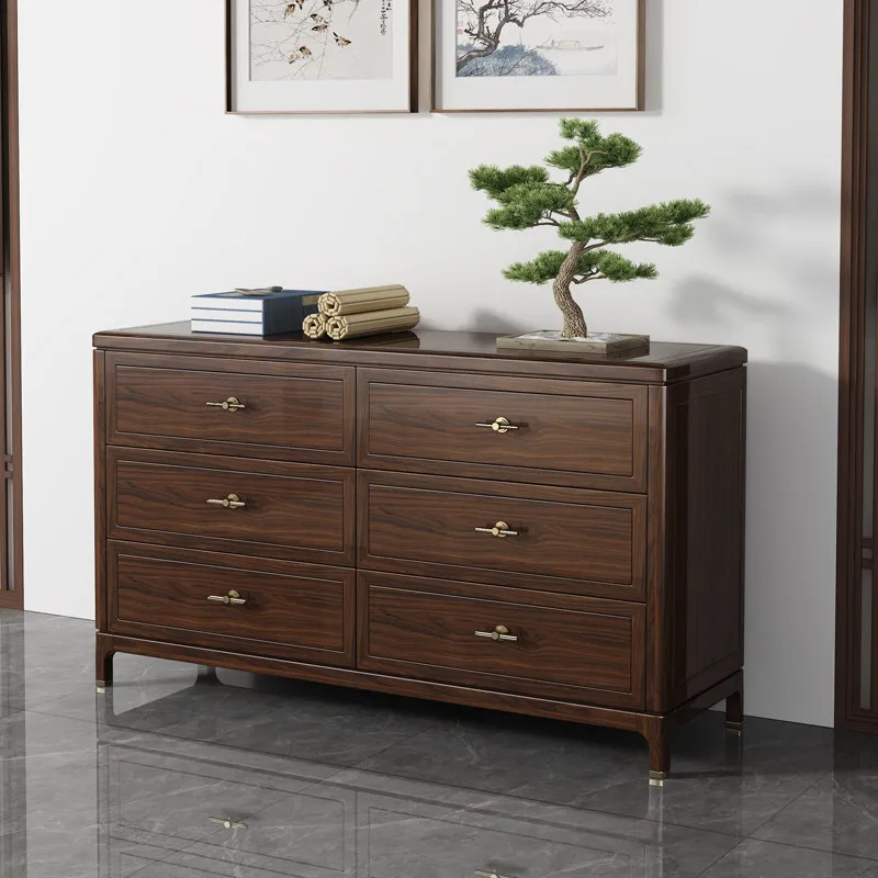 New Chinese-style six-chest cabinet, solid wood ebony modern living room, bedroom storage side cabinet against the wall