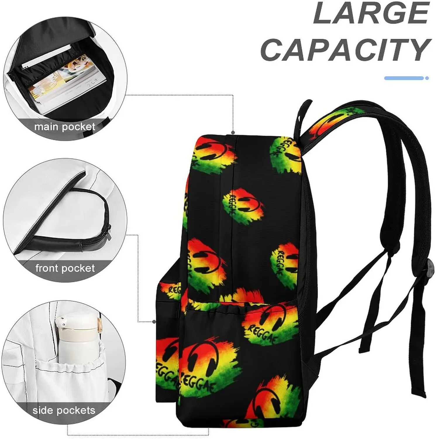 Reggae Music Jamaica Rasta Funny Backpack Travel Daypack Casual Shoulders Bag Large Capacity Laptop Bag Casual Daypack