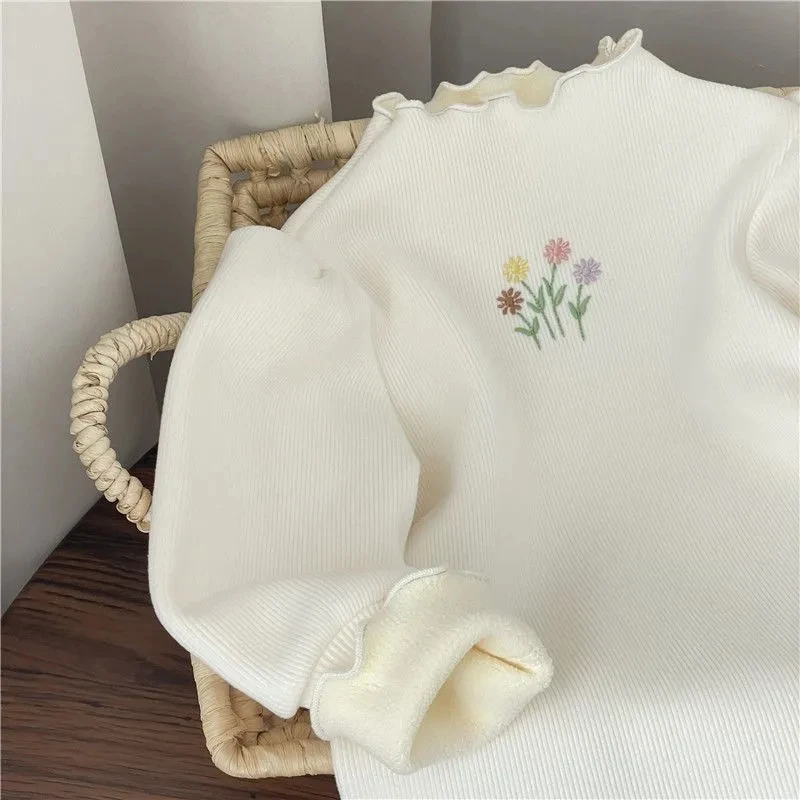 Baby Girls Sweater Winter Kids Keep Warm Thickening Top Children Half High Collar Flower Embroidery Casual Clothing 1-6 Years