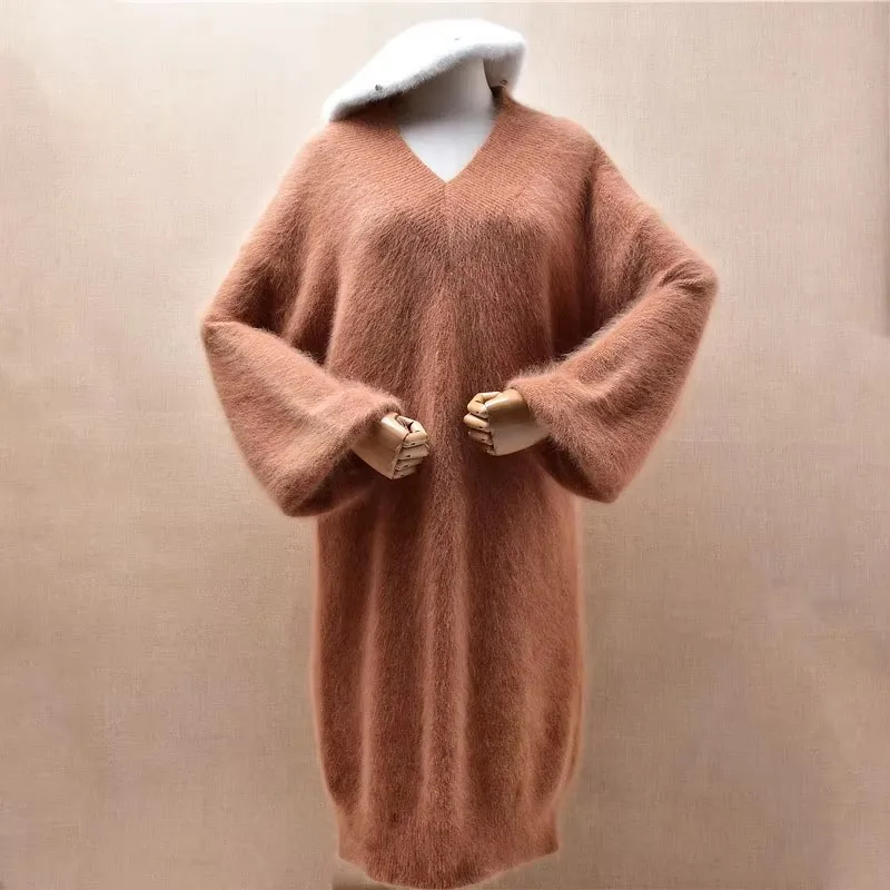 

Женская осенне-зимняя одежда, модное вязаное платье из ангорского кролика с v-образным вырезом и длинными рукавами-фонариками, свободное длинное платье-свитер