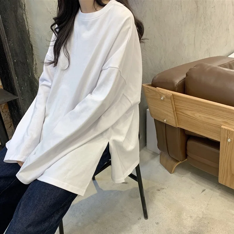 Women T-shirt Slit Loose Oversize Tees Solid Round Neck Simple Dress  Fashion Ladies  Casual Autumn  Long Sleeve Basic Tops