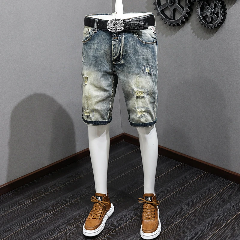 Ripped Motorcycle Denim Shorts Men's Summer Thin Trendy Retro Funny All-Matching Slim Fit Stretch Casual Fifth Pants