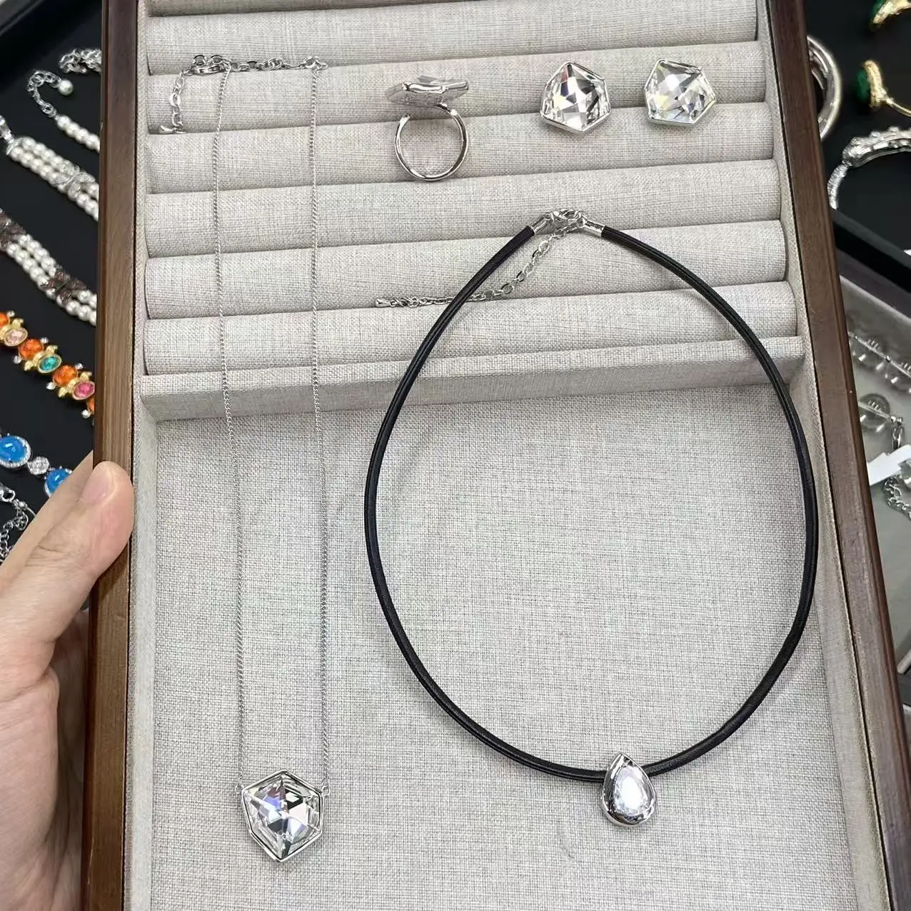 Irregular Rhombus White Crystal Jewelry Set Necklace Earrings Ring 3‑Pcs High‑Sense Elegant Clavicle Chain Women Fashion Jewelry