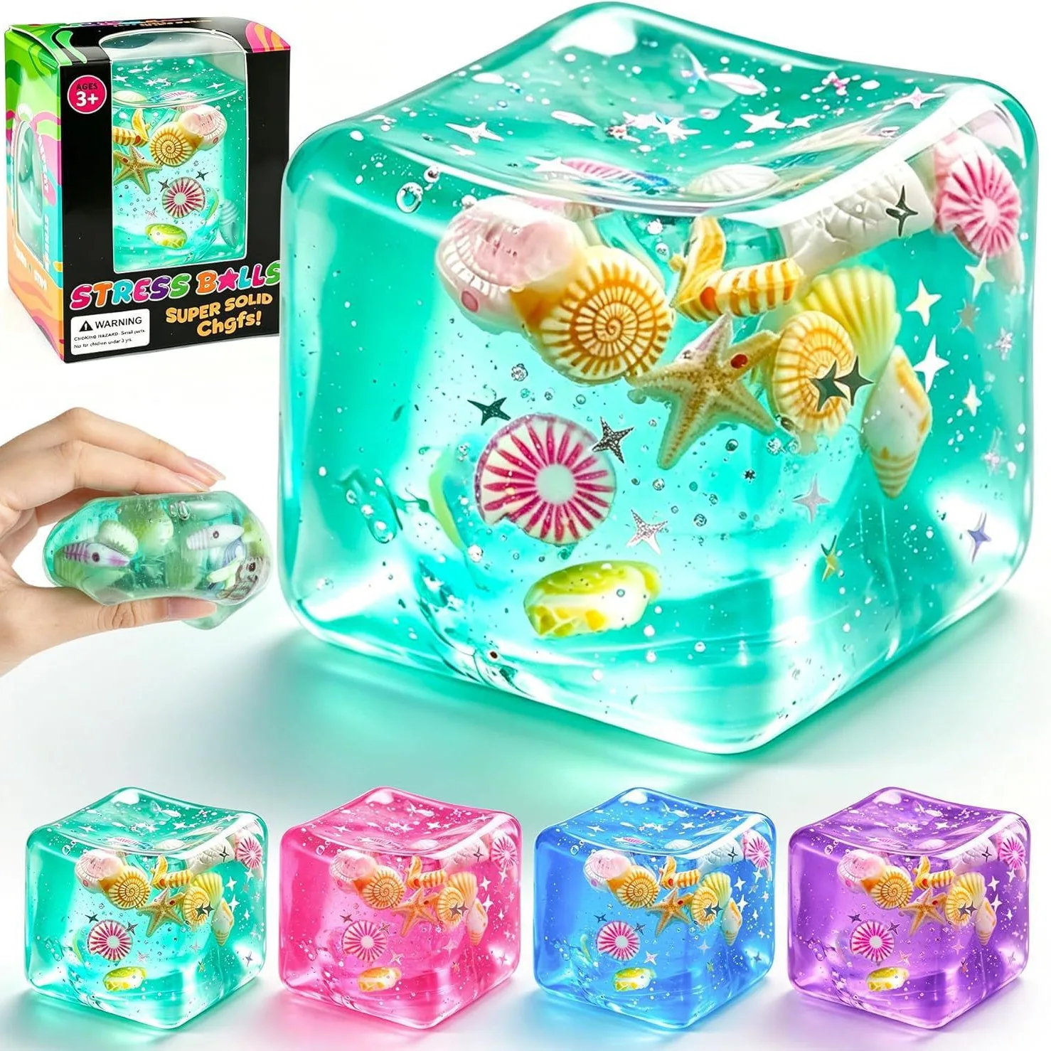 Needoh Kawaii Ocean Cube Squishy Toy Transparent Shell Starfish Squeeze Stress Relief Fidget Toy