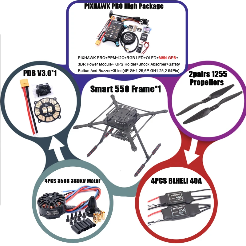 

PIXHAWK2.4.8 Flight Control Carbon Fiber Smart550 Frame Kit Ardupilot 100MW Radio Telemetry Quadcopter BLHELI 30A ESC 2212 Motor