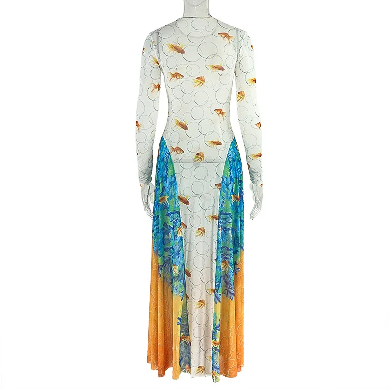 Goldfisch Bunte Print Patchwork Sheer Mesh Maxi Kleid Frauen Mode O Hals Volle Hülse A-line Party Lange Robe Urlaub Outfits