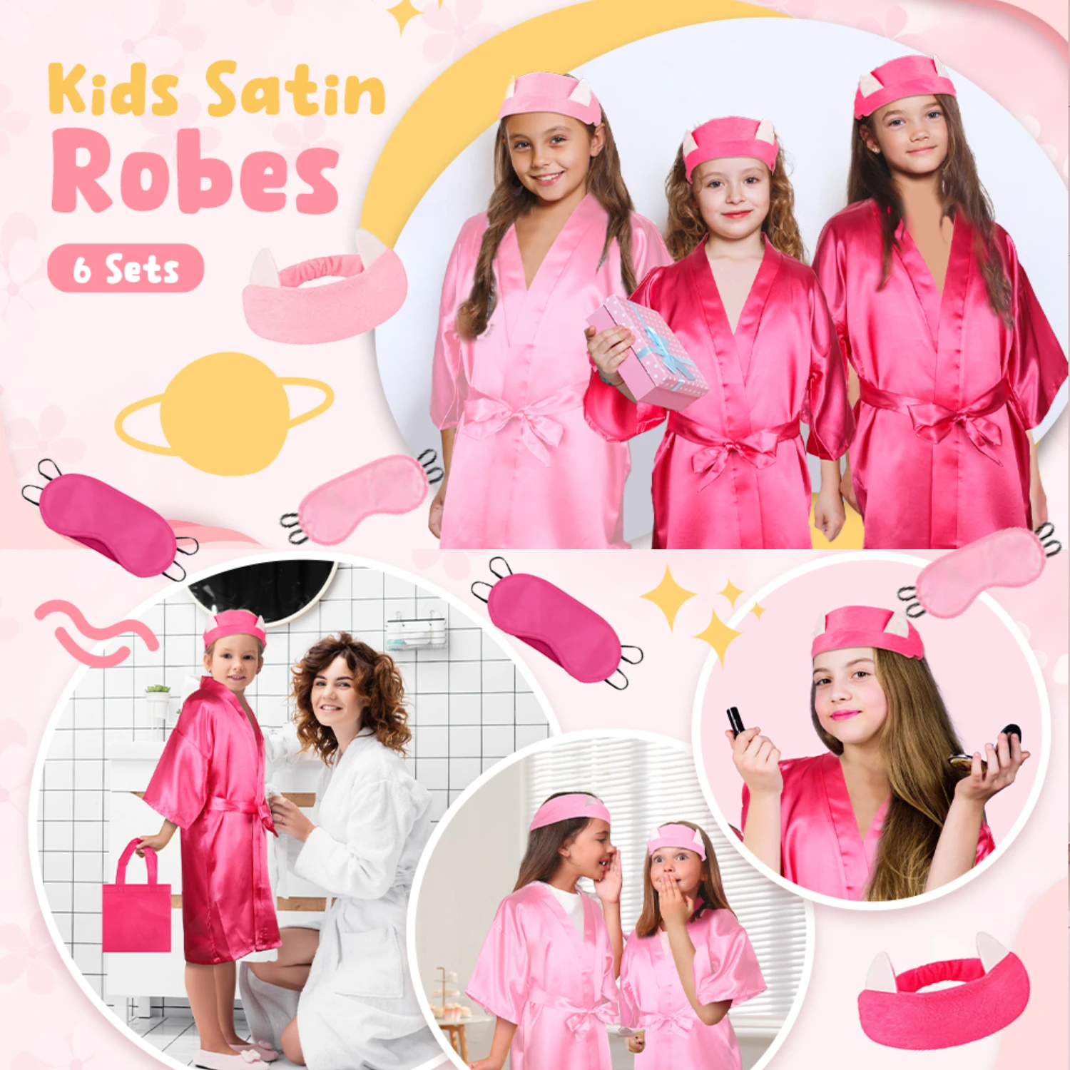 1-15set Kids Spa Party Robe Girls Birthday Squad Robes Soft Silk Satin Slumber Kimono Robe DIY Bathrobes with Hairband Eye Masks