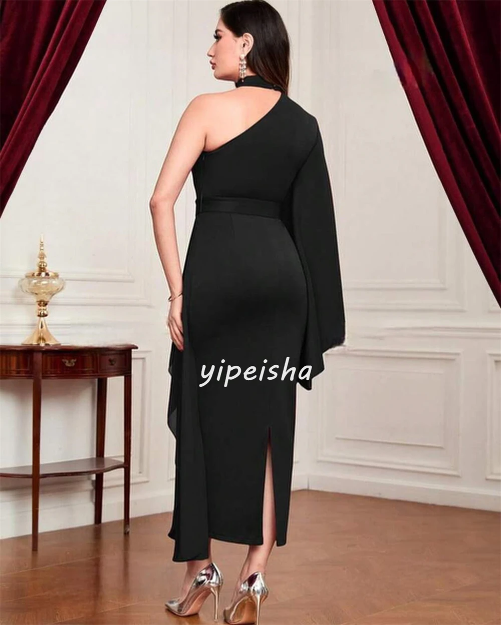 Customized Formal Sizes Available Jersey Sash Rhinestone Pleat Sheath One-shoulder Midi Dresses Celebrity Dresses Classic Elegan