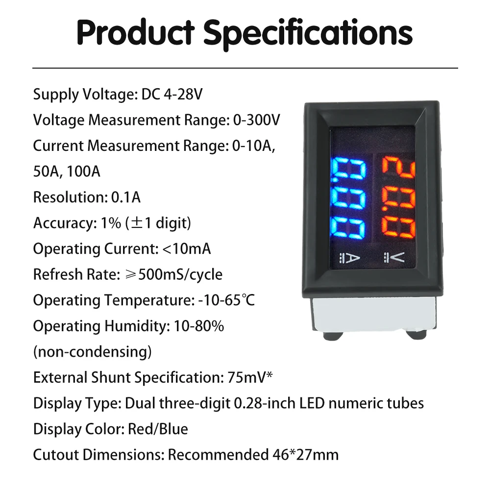 0-300V 10/50/100A Digital Voltmeter Ammeter Dual Display DC 4-28V Red Blue LED Voltage Current Meter Tester Red + Blue H28UI5