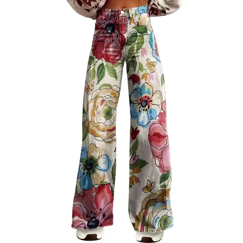 Loose Women Retro Casual Pants Mid-rise Button Zipper Fly Wide Leg Long Pockets Digital Floral Print Pants Summer