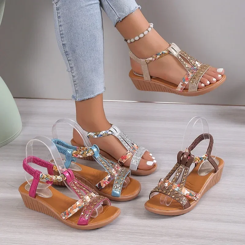 Sandálias femininas de cunha verão bohemia strass sandálias plataforma casual feminino peep toe sapatos de praia ao ar livre оzekвь ж ondernikня