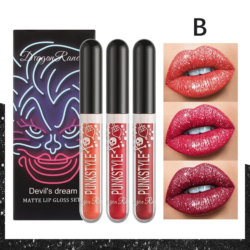 3 stks/set Diamond Glitter Vloeibare Lipstick Set Waterdichte Langdurige Sexy Rode Zwarte Lippen Halloween Shimmer Lip Make-Up Cosmetica