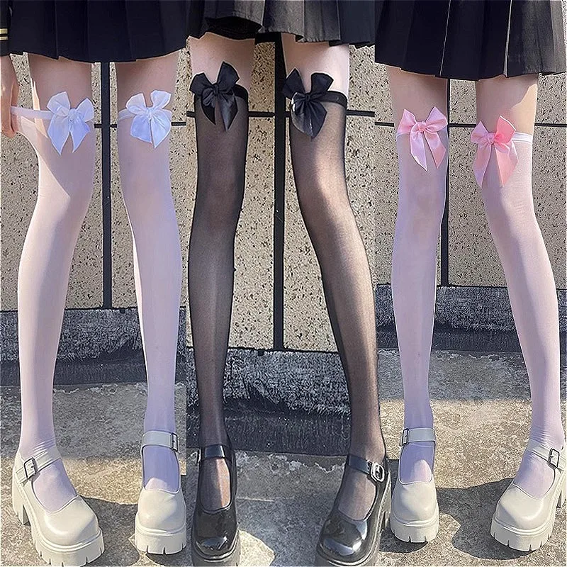 Cute Lolita Transparent Stockings Solid Color Lovely Bow Black White Pink Thigh High Stockings Sexy Woman Over Knee High Socks