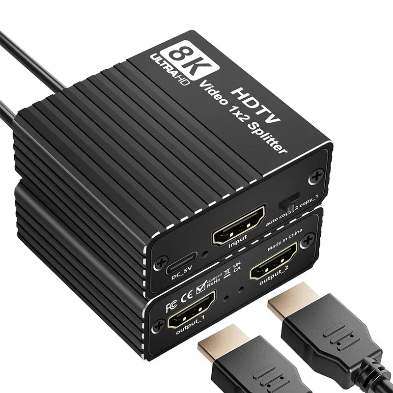 

8K HDTV 1X2 Splitter with EDID HDMI-Compatible 1 To 2 Splitter 8K60hz/4K120hz/1080P240hz for Set-Top Box Game Console Computer