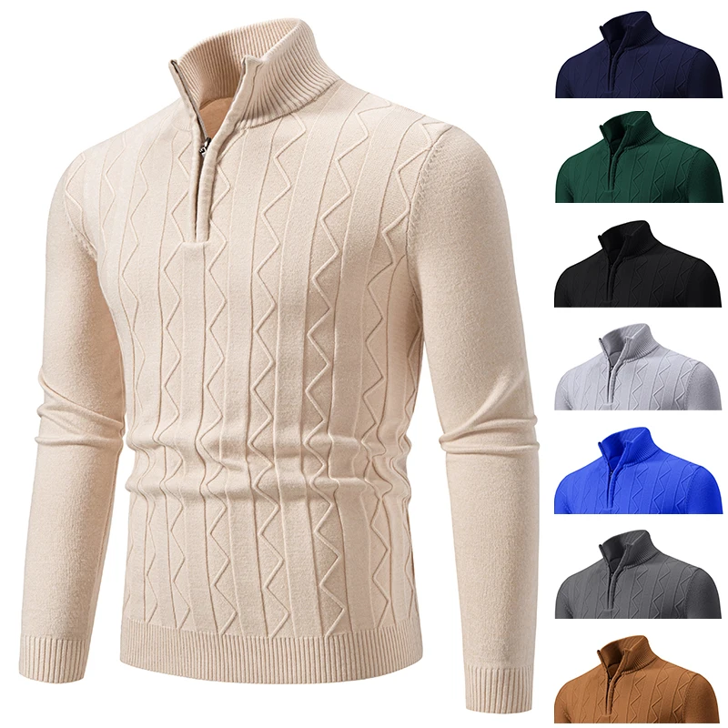 Suéter de punto liso para hombre, jersey de cuello con cremallera, ajustado, cálido, a la moda, otoño e invierno, novedad