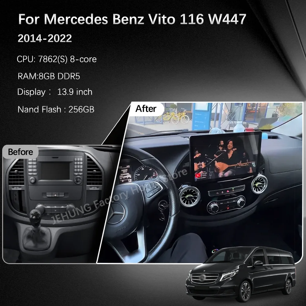 For Mercedes Vito W447 2014-2022 Android 13 Smart Multimedia Video Player GPS Radio 5G CarPlay Navigation 1920*1080 256GB 13.9\