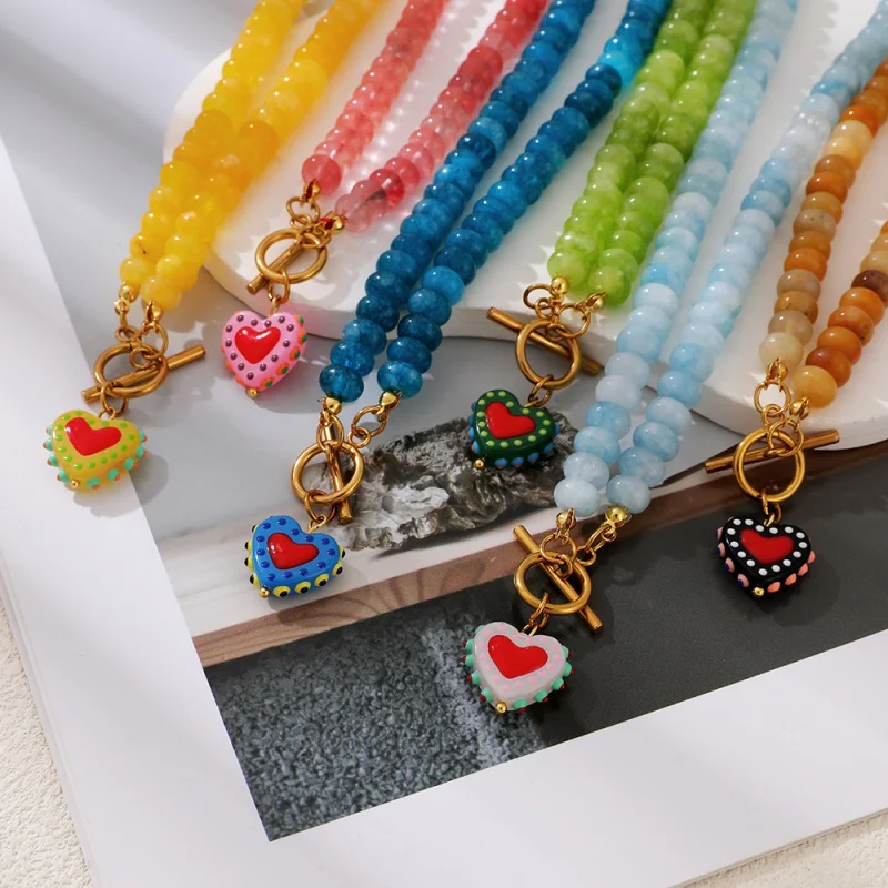 Red Heart Pendant Beaded Necklace with OT Clasp - view 2