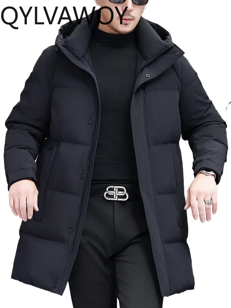 

QYLVAWOY 84% Polyamide Autumn Winter New Down Jacket Men's Business Casual Hooded Mid-Length Outerwear Warm Thickened Top LJ2554