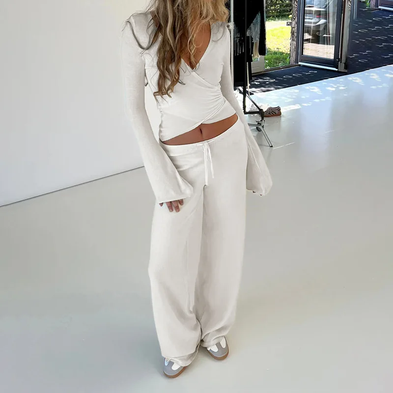 

Autumn Winter Loose Pants Leisure Suit Women Flare Sleeve Crop Cardigan Top Lace-up Solid 2 Piece Set Fashion Outfit