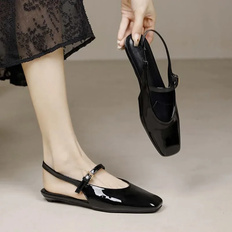 

Soft Leather Square Toe Women Pumps Sandals Buckle Strap Casual Party Low Heels Female Shoes