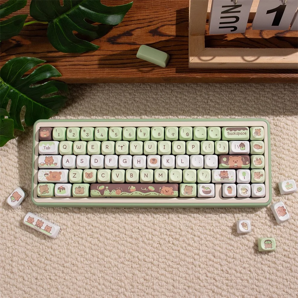 95/132 Keys Cute Bear Dessert Key Cap Green MOA Profile PBT Dye-Sublimation Mechanical Keyboard Keycaps For MX Switches DIY Cuz