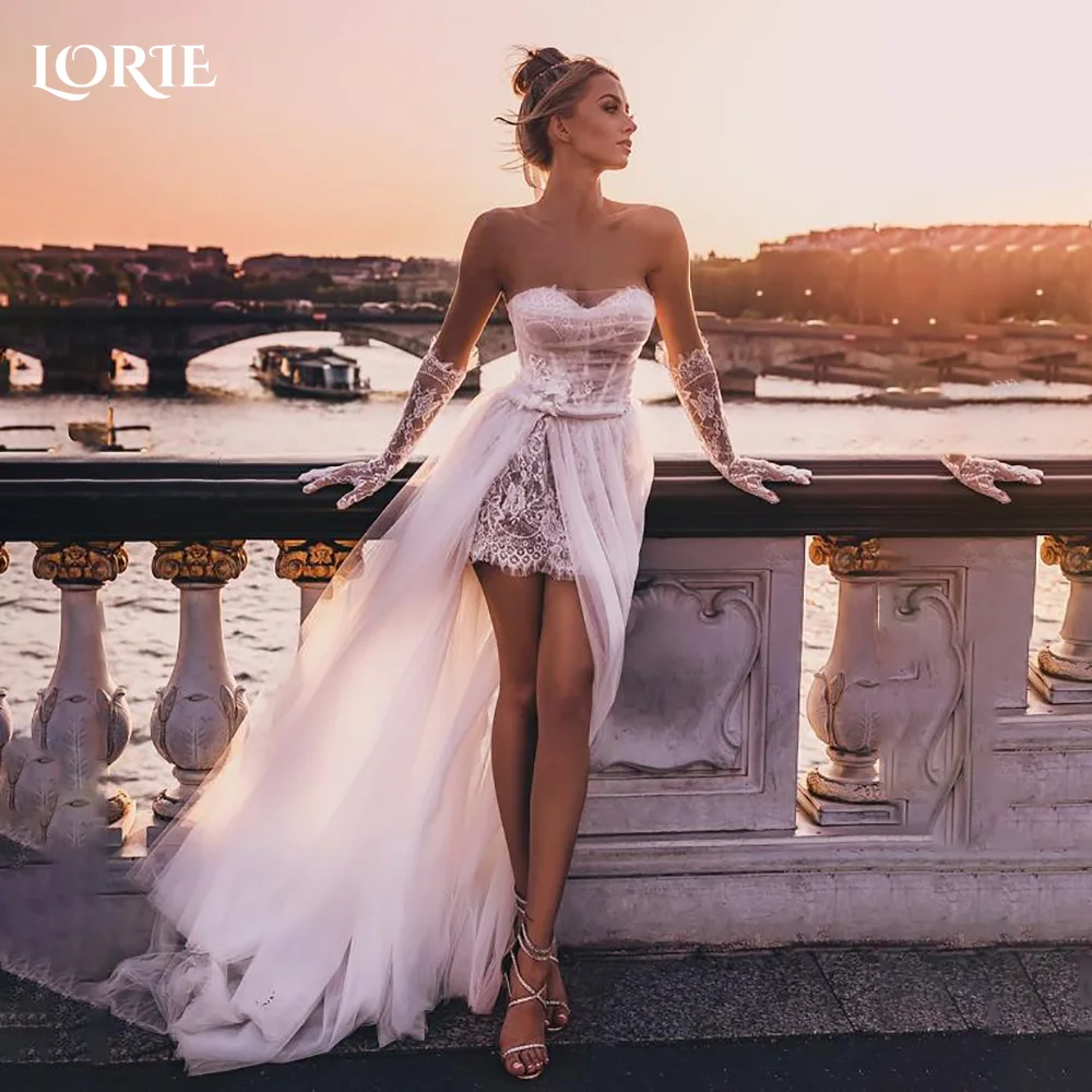 

LORIE Vintage Lace Short Mermaid Wedding Dress Pearls Appliques Strapless Corset Mini Bridal Gown Princess Bride Gown Customized
