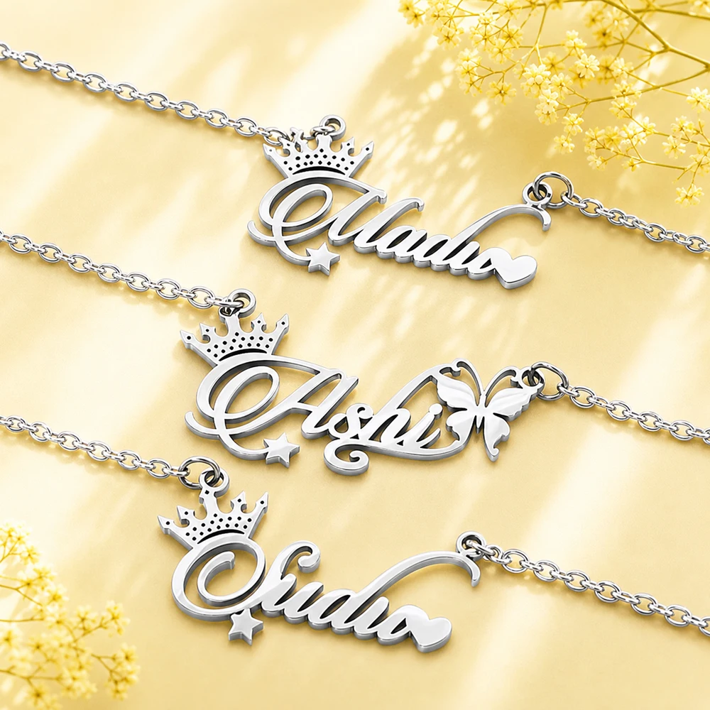 Collier personnalisé avec nom, couronne et papillon pour femmes, collier ras de cou en acier inoxydable, bijou cadeau pour petite amie, cadeau d'anniversaire