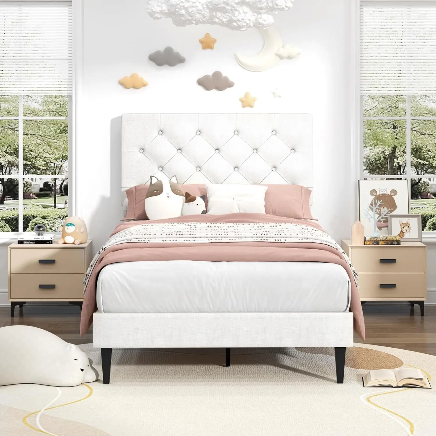 

Upholstered Twin Platform Bed Button Tufted Headboard Wooden Slats Support No Box Spring Easy Assembly White, Customized