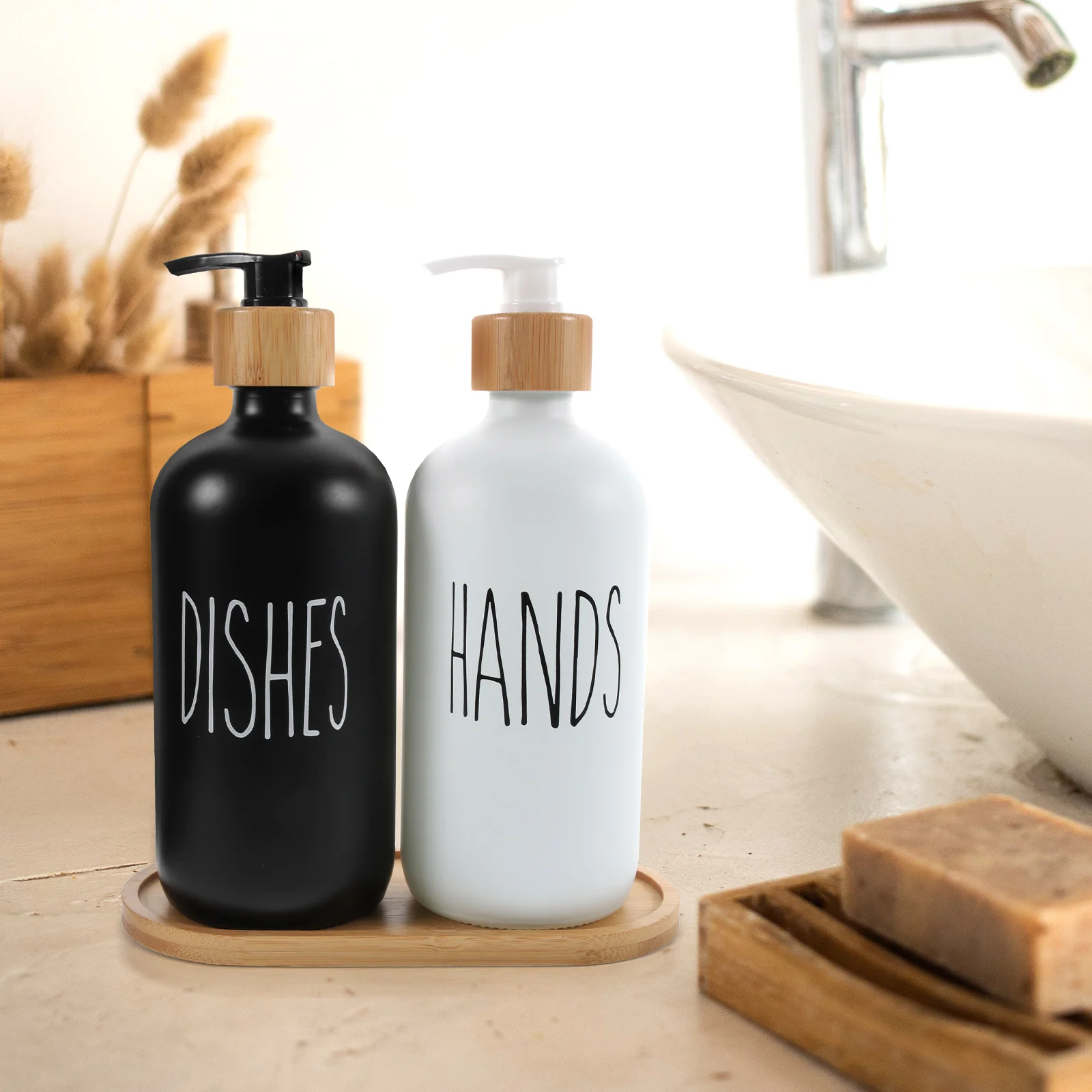 

Lotion Dispenser Bottle Premium Glass Bamboo PP Material Bathroom Kitchen Soap Shampoo Liquid Storage RustProof