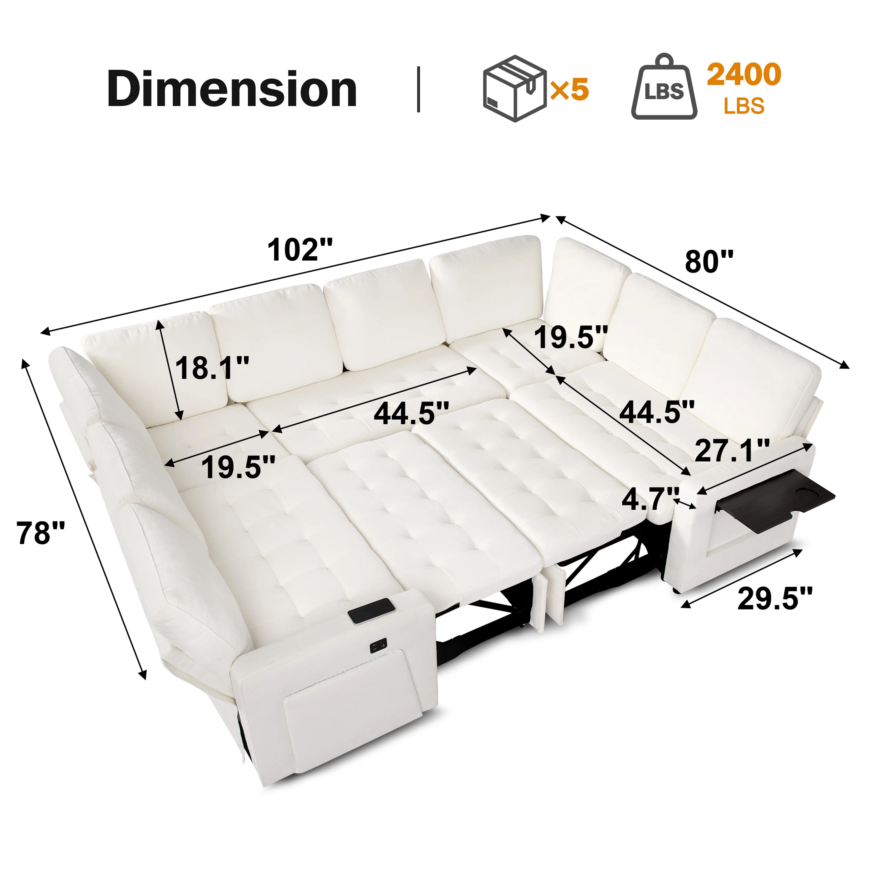 Hcore Large U-Shaped Modular Sectional (8-Seat) - Pull Out Bed Sleeper, Reclining Backrest, USB Ports, LED Light, Storage Seat