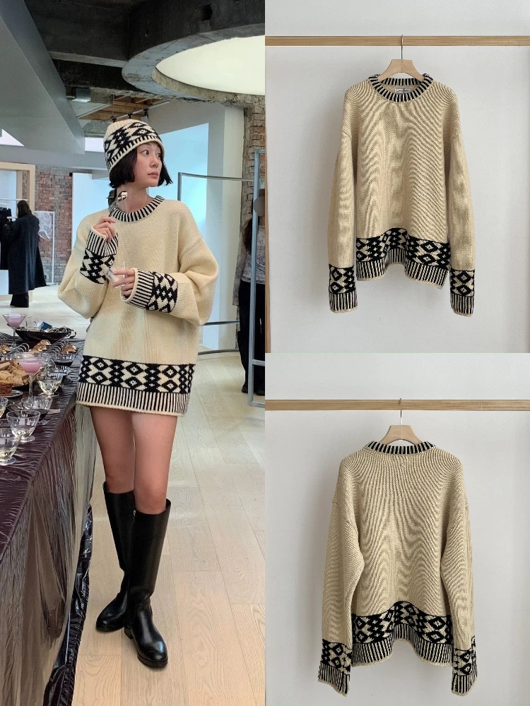 

Свитер с низким воротником и кисточками, женский свободный винтажный свитер цвета Sle, вязаный длинный пуловер с геометрическим узором све