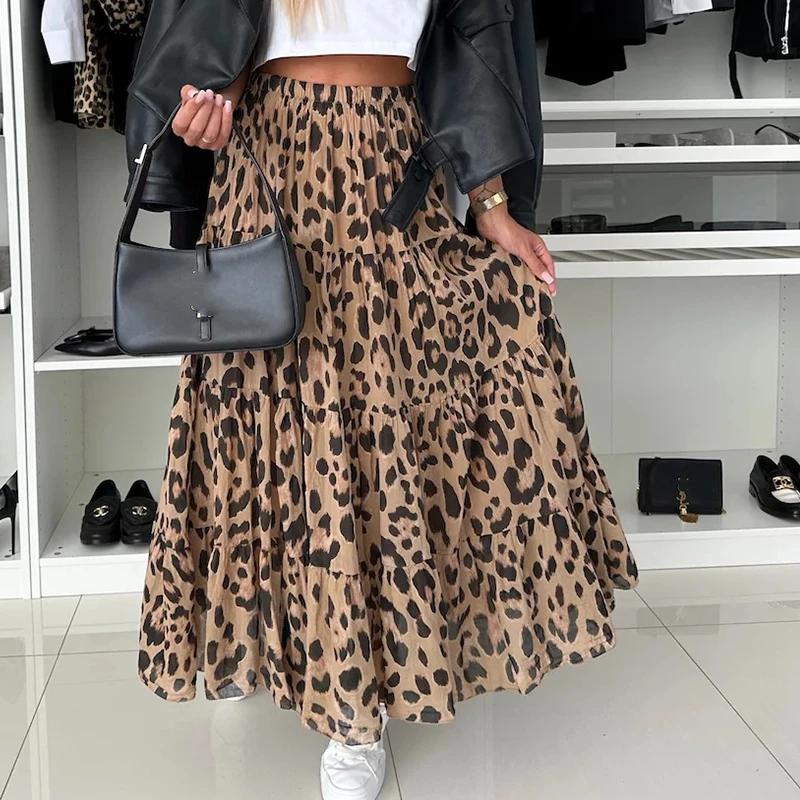 New Fashion Street Big Hem Party Skirts Vintage Leopard Print Pleated Half Skirt 2024 Women Elegant High Waist Loose Long Skirts