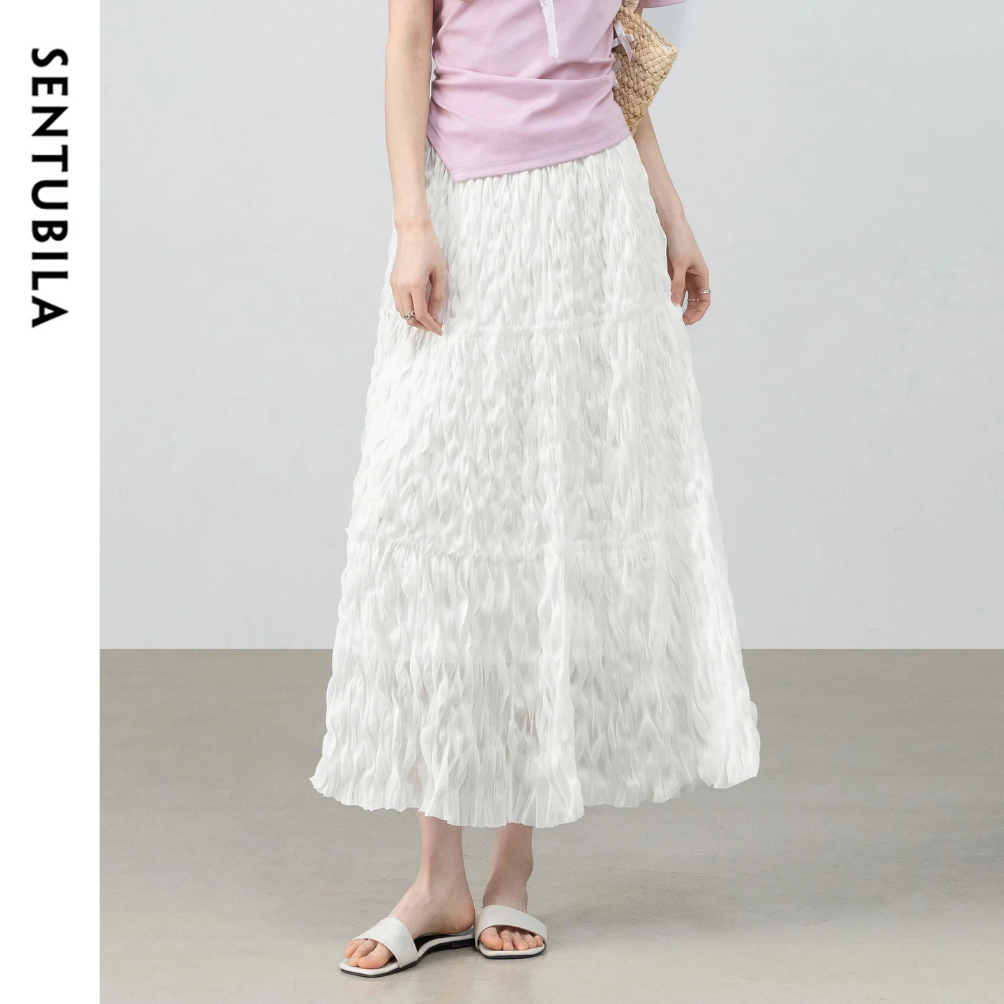 

Элегантная белая юбка SENTUBILA с плиссировкой и текстурой, женская повседневная офисная юбка А-силуэта с эластичной высокой талией W62QA6720