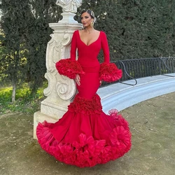 New Classic Red Mermaid Evening Dresses Spanish Formal Party Dress Extra Lush Ruffles Vestidos De Fiesta Elegantes Para