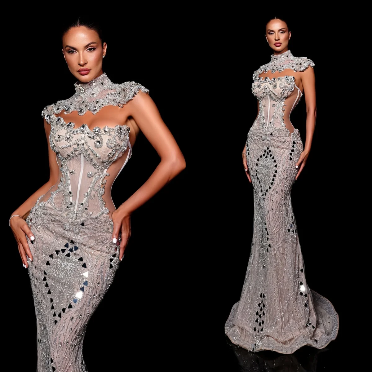 

Exquisite Customized Evening Dresses High Neck Sleeveless Mermaid Dresses Crystal Beadeds Special Occasion Prom Gowns