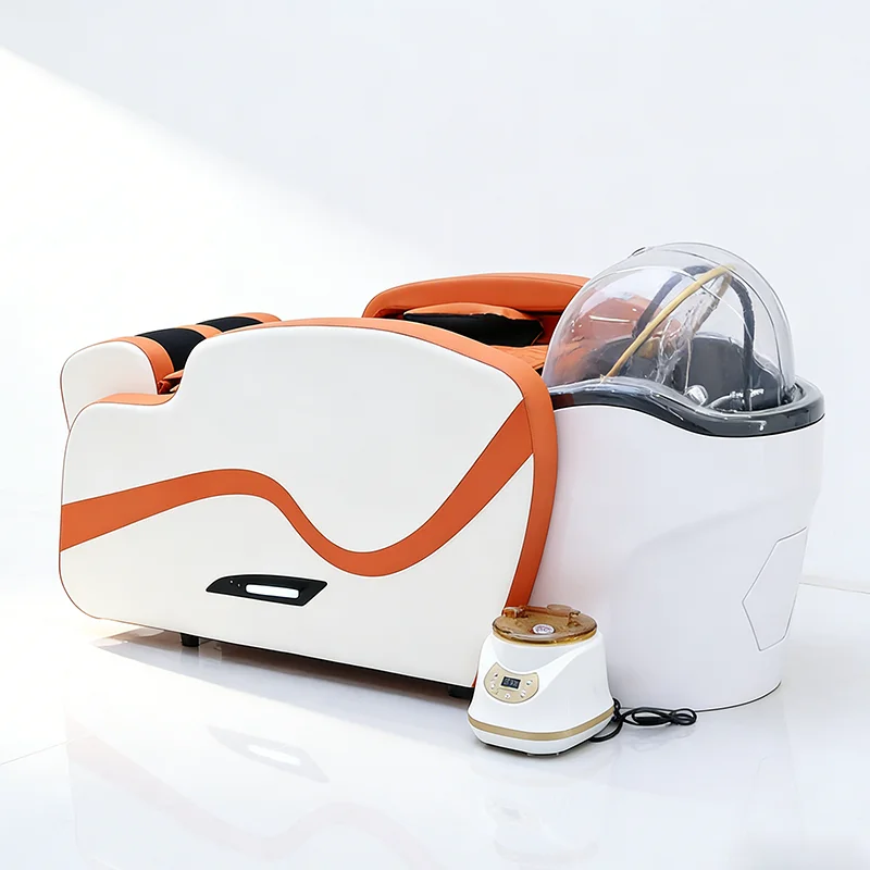 Modern Barbershop Furniture Electric Back Massage Lay Down Washing Chair Luxury Head Therapy Shampoo Bed with Led Lights