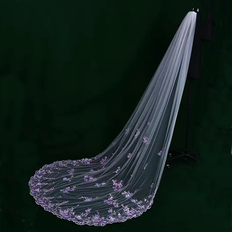 Lilac Purple Floral 3D Wedding Bridal Veils Comb Accessories Beaded Pearls For Brides Embroidered Lace Cathedral Long Unique