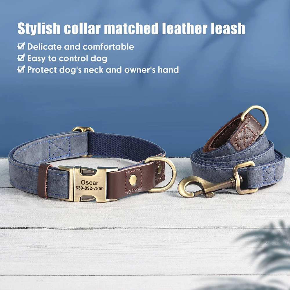 Personalisiertes Hundehalsband mit Leine aus PU-Leder, inklusive Laufleine, kostenlose individuelle Haustier-ID-Halskette für kleine und große Hunde, Mops – Detail 12