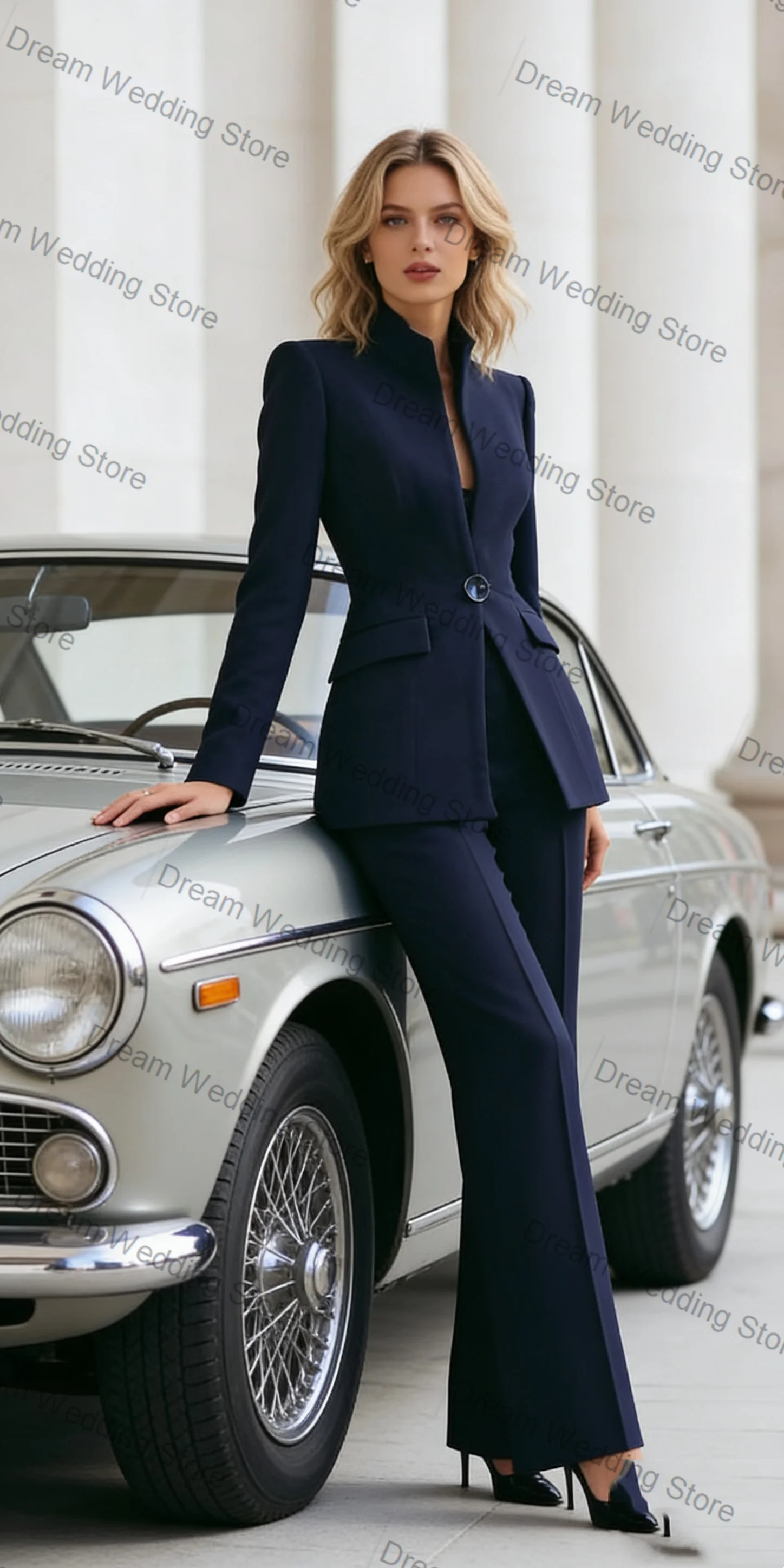 

Navy Blue Women Suit Set 2 Pcs Blazer+Pants Trousers Spring Cotton Formal Office Lady Jacket Customized Wedding Guest Coat