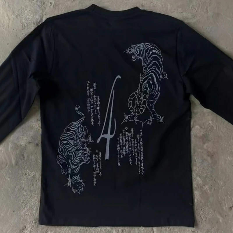 

Y2K Ретро с длинными рукавами, японские топы с буквенным принтом и животным тигровым узором, повседневные топы в стиле Харадзюку, новая универсальная мужская и женская одежда больших размеров